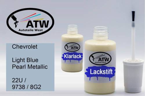 Chevrolet, Light Blue Pearl Metallic, 22U / 9738 / 8G2: 20ml Lackstift + 20ml Klarlack - Set, von ATW Autoteile West.